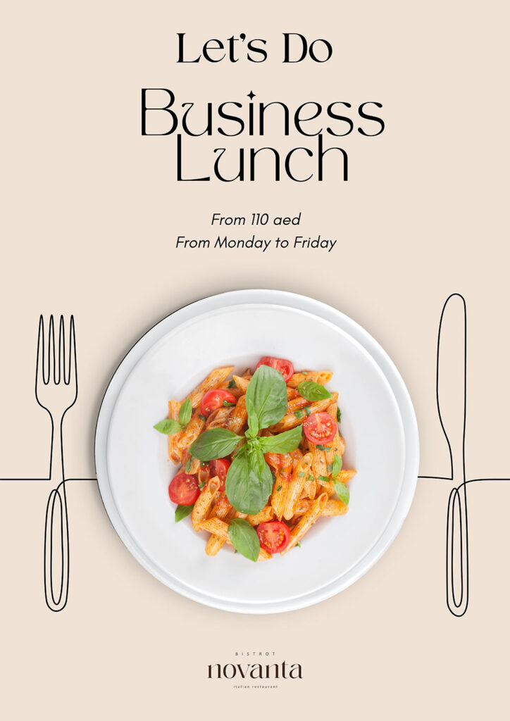 Business Lunch menu at Bistrot Novanta Dubai featuring Italian dishes.