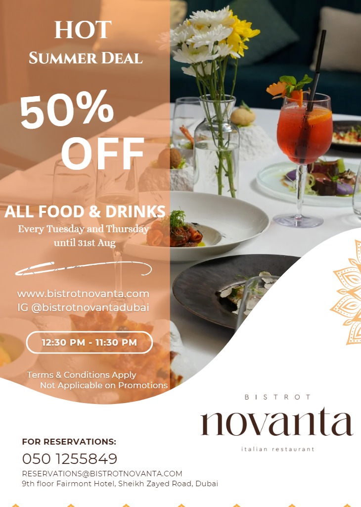 Hot Summer Deals on food and drinks at Bistrot Novanta Dubai.